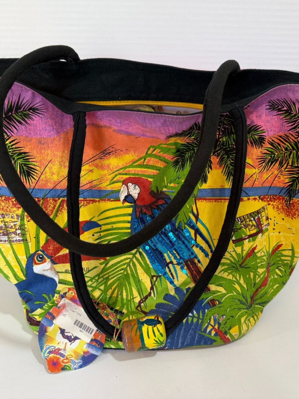 CARIBBEAN SOUL sequin /Tote /Beach Tropical w/Parrots Bag  NEW with ISSUE